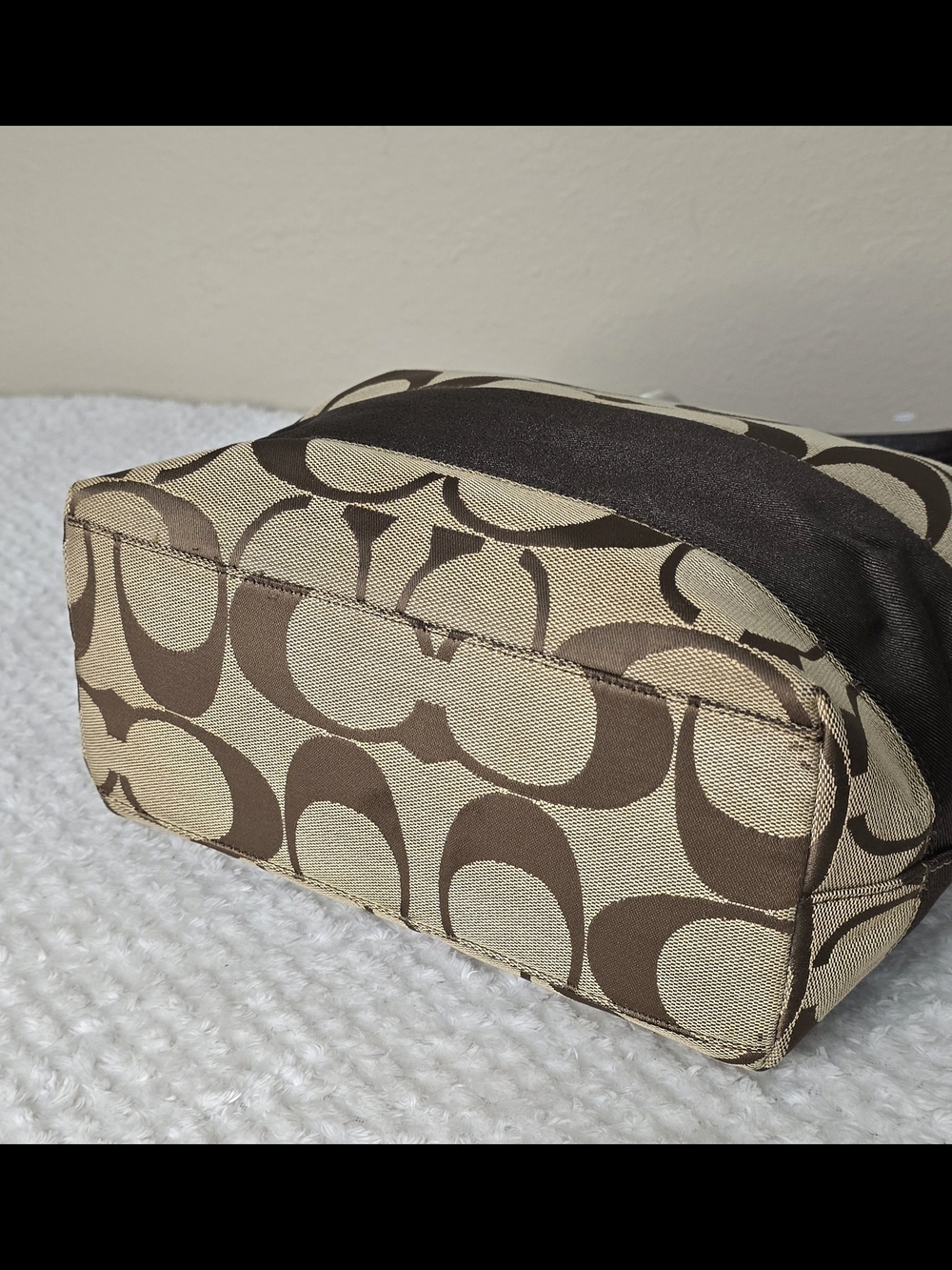 Coach Signature Stripe Canvas Tote Bag Brown Khaki Leather Trim Zip Top - Picture 9 of 11